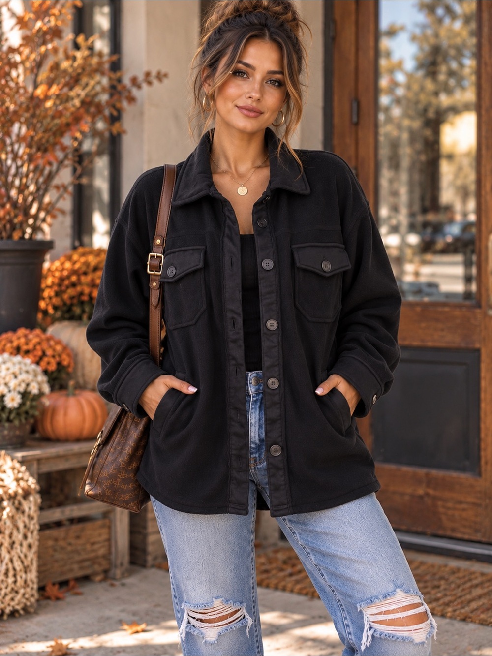 Zenana Black Fleece Shacket Jacket Women’s Large Oversized Button Up Fall